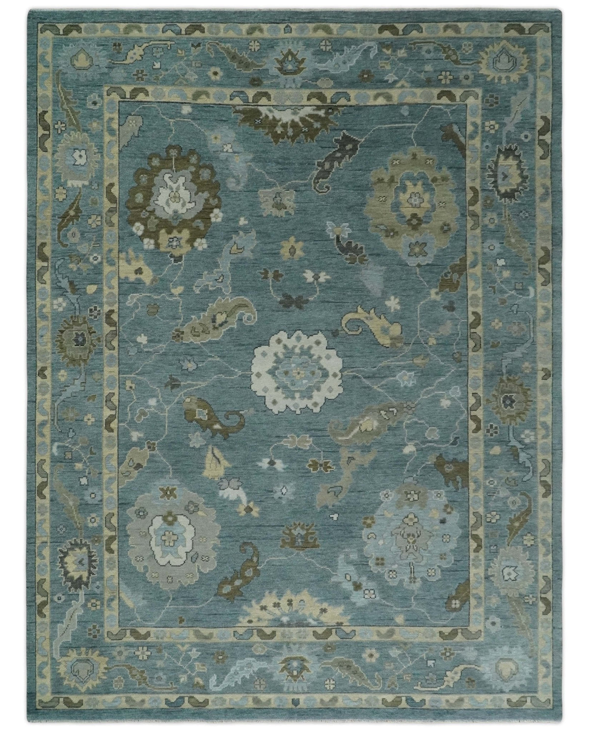 Hand Knotted Charcoal and Brown Traditional Oushak Wool Rug.