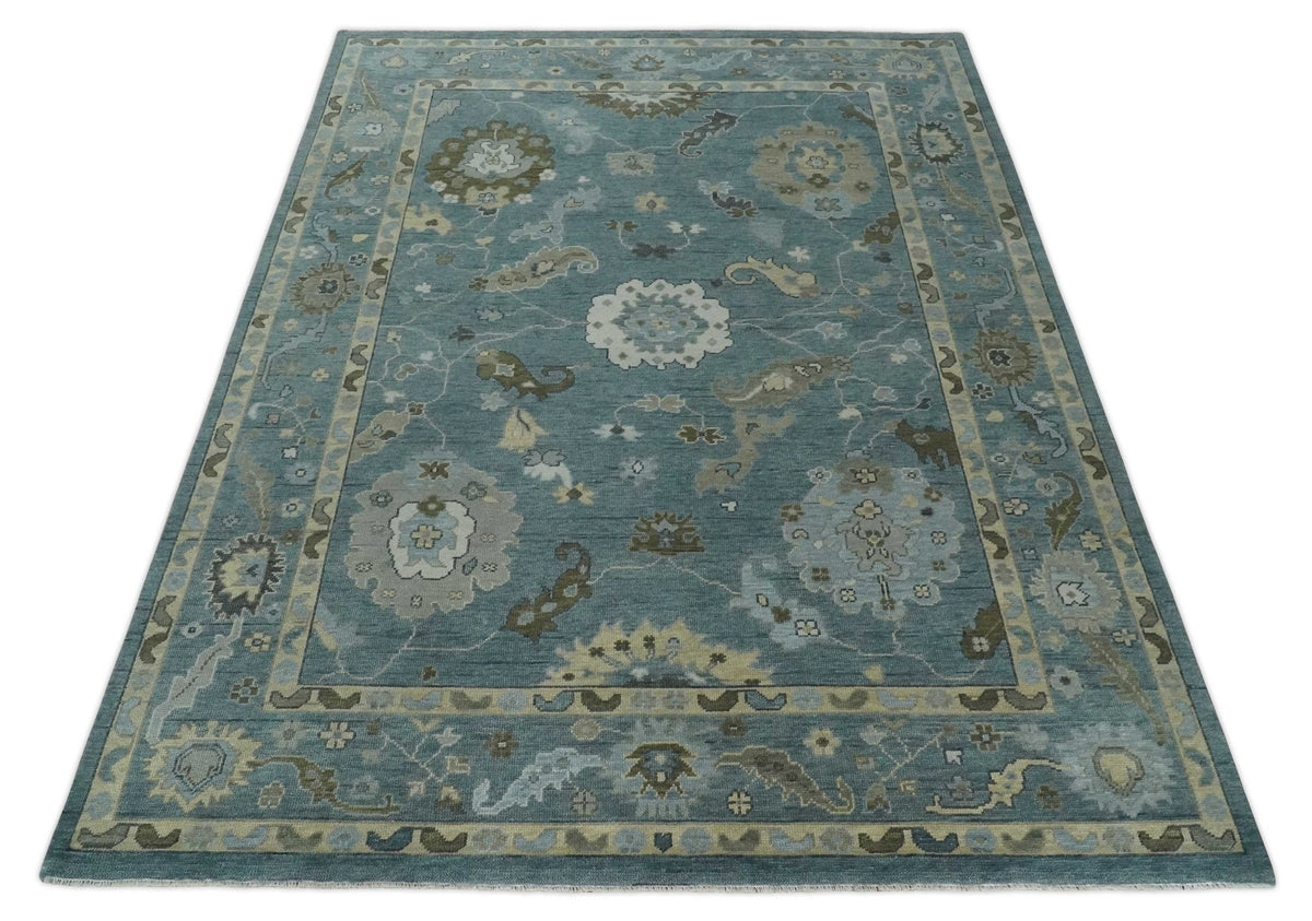Hand Knotted Charcoal and Brown Traditional Oushak Wool Rug.