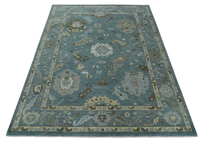 Hand Knotted Charcoal and Brown Traditional Oushak Wool Rug.