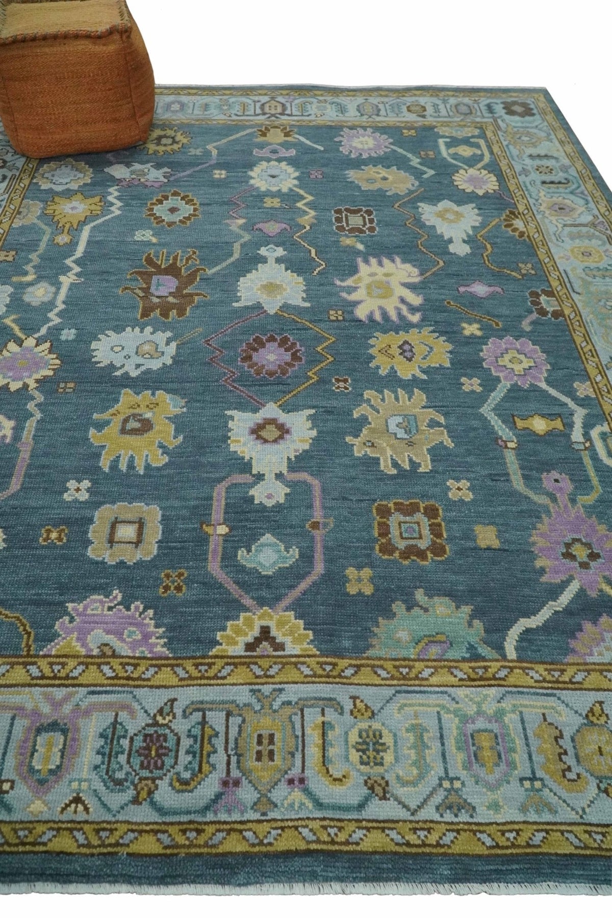 Hand Knotted Charcoal and Brown Vibrant colorful Oushak Wool Area Rug.