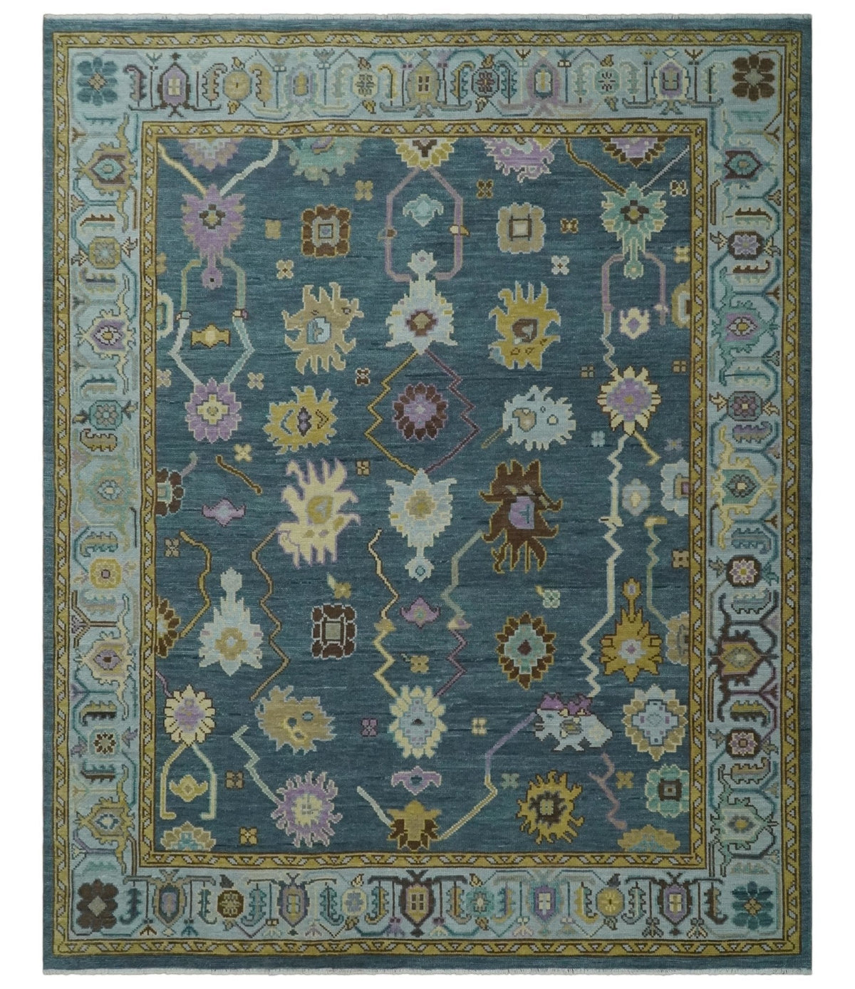 Hand Knotted Charcoal and Brown Vibrant colorful Oushak Wool Area Rug.