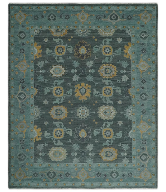 Hand Knotted Charcoal and Aqua Traditional Multi Size Oushak Wool Area Rug.