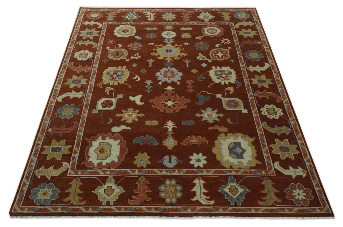 Hand Knotted Rust and Beige Traditional Oushak Wool Area Rug.
