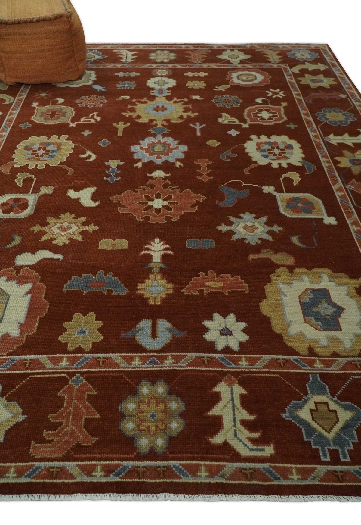Hand Knotted Rust and Beige Traditional Oushak Wool Area Rug.