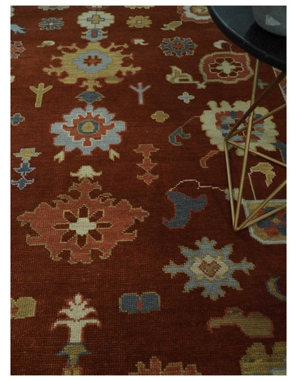 Hand Knotted Rust and Beige Traditional Oushak Wool Area Rug.