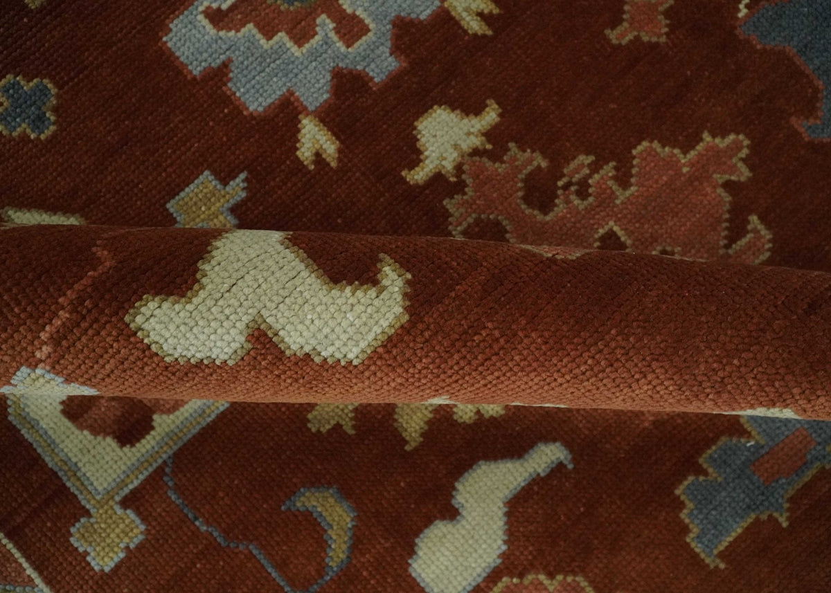 Hand Knotted Rust and Beige Traditional Oushak Wool Area Rug.