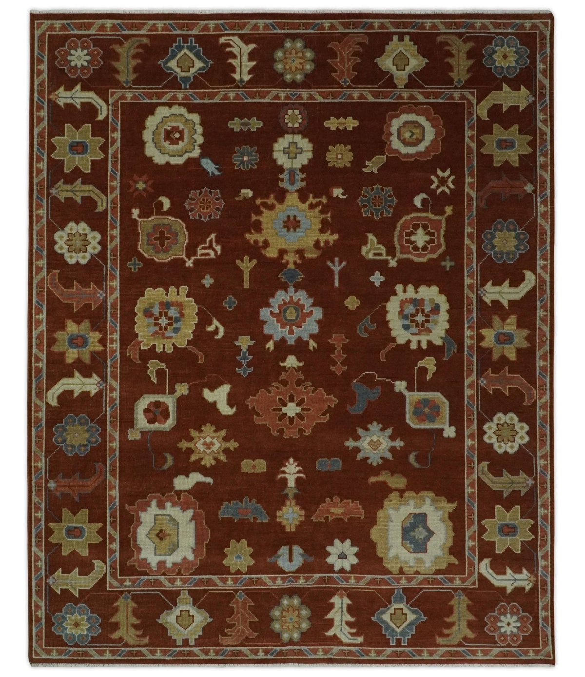 Hand Knotted Rust and Beige Traditional Oushak Wool Area Rug.