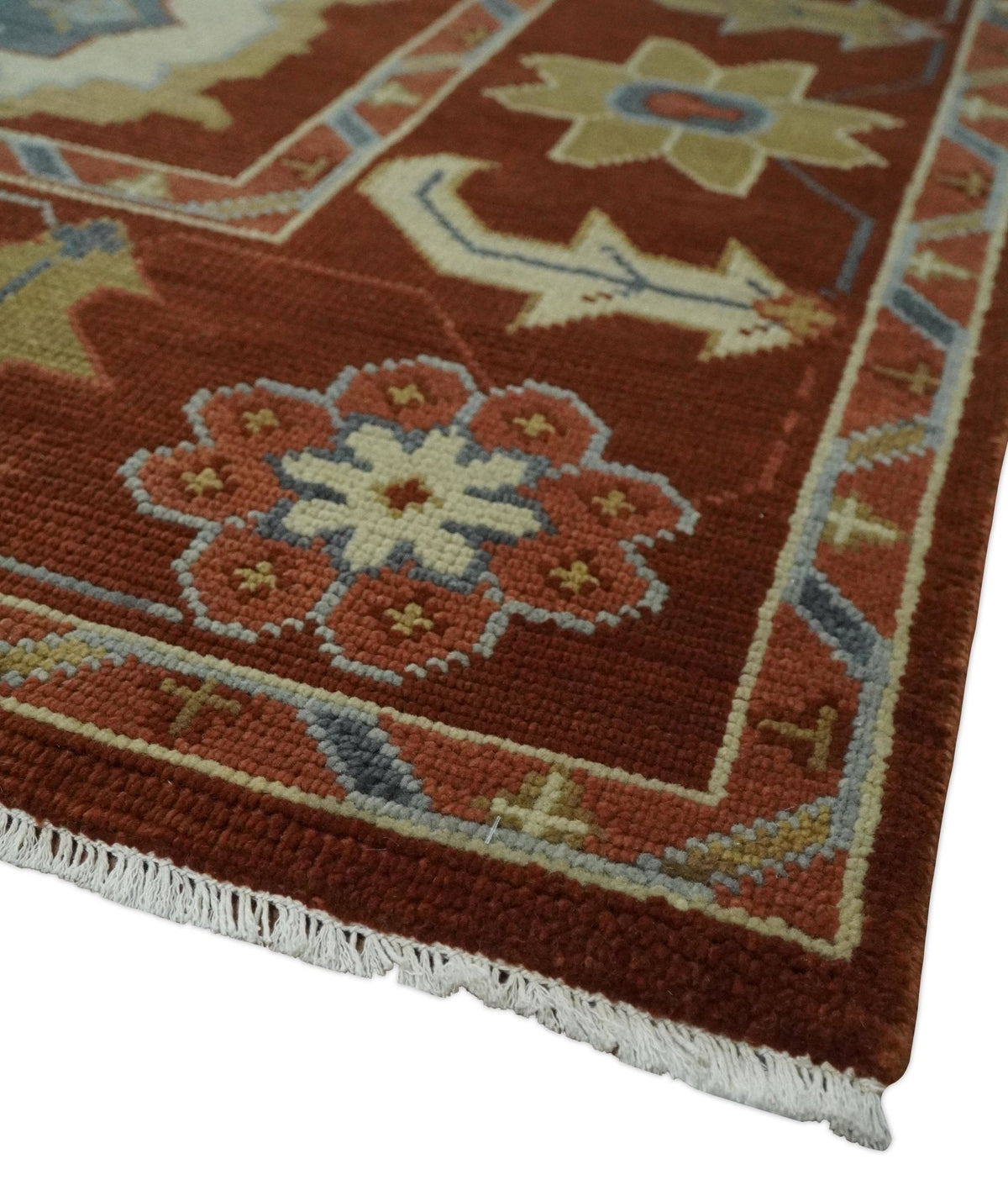 Hand Knotted Rust and Beige Traditional Oushak Wool Area Rug.