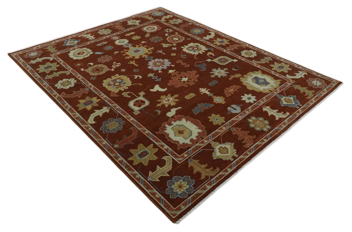 Hand Knotted Rust and Beige Traditional Oushak Wool Area Rug.