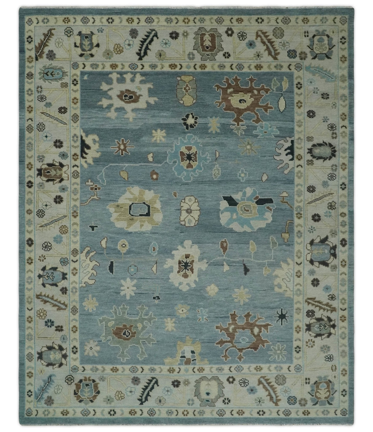 Hand Knotted Gray and Beige Traditional Oushak Wool Rug.