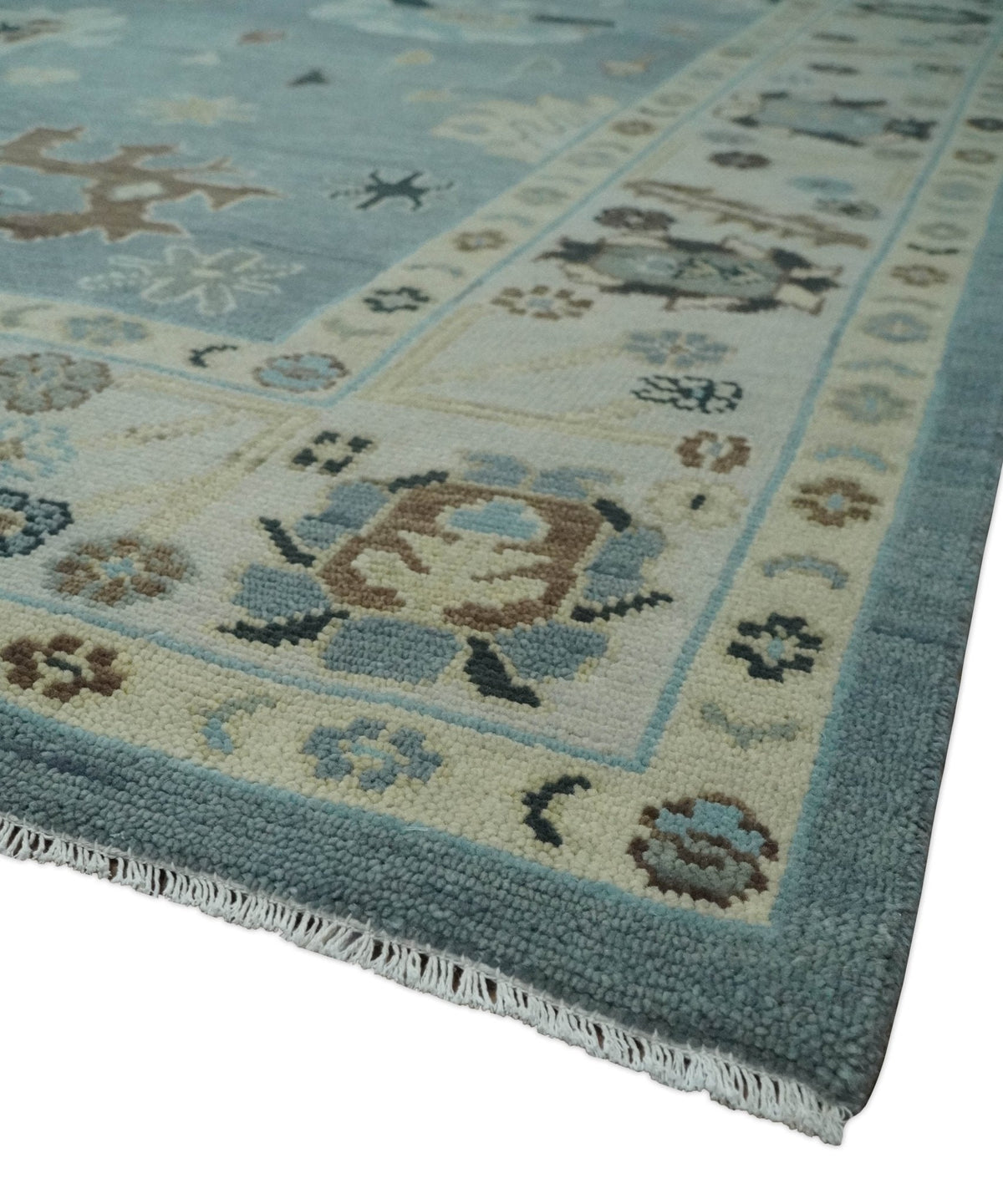 Hand Knotted Gray and Beige Traditional Oushak Wool Rug.