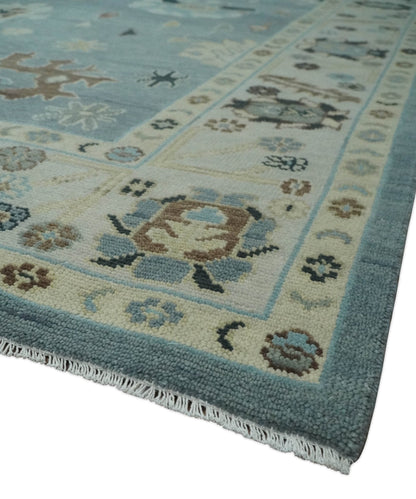 Hand Knotted Gray and Beige Traditional Oushak Wool Rug.