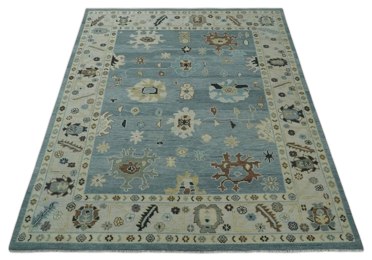 Hand Knotted Gray and Beige Traditional Oushak Wool Rug.