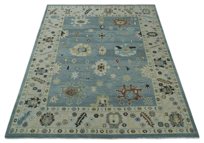 Hand Knotted Gray and Beige Traditional Oushak Wool Rug.