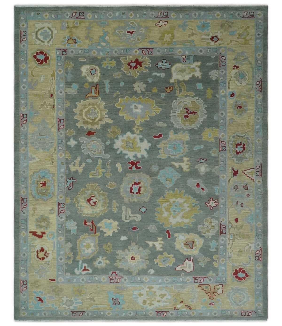 Hand Knotted Gray and Beige Traditional Oushak Wool Area Rug.