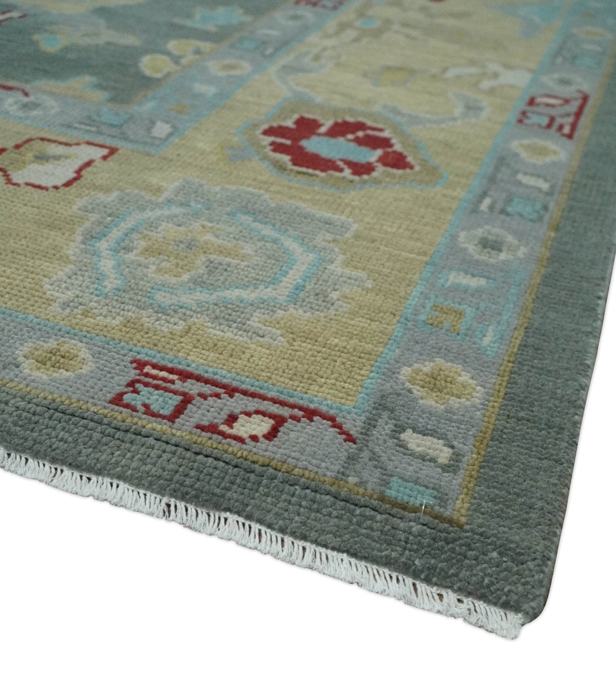 Hand Knotted Gray and Beige Traditional Oushak Wool Area Rug.
