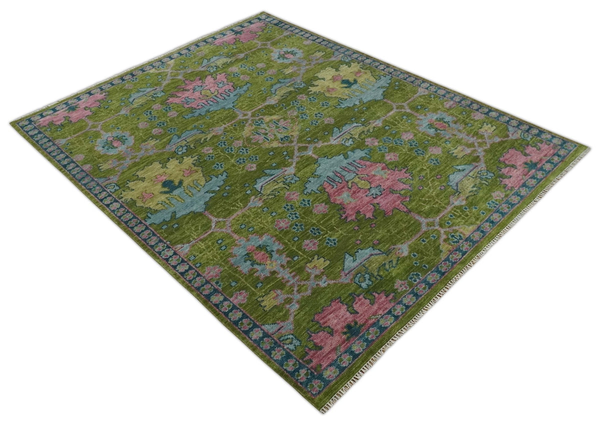 Moss Green, Blue and Peach Hand Knotted Vibrant colorful Donegal Design Multi Size Wool Area Rug.