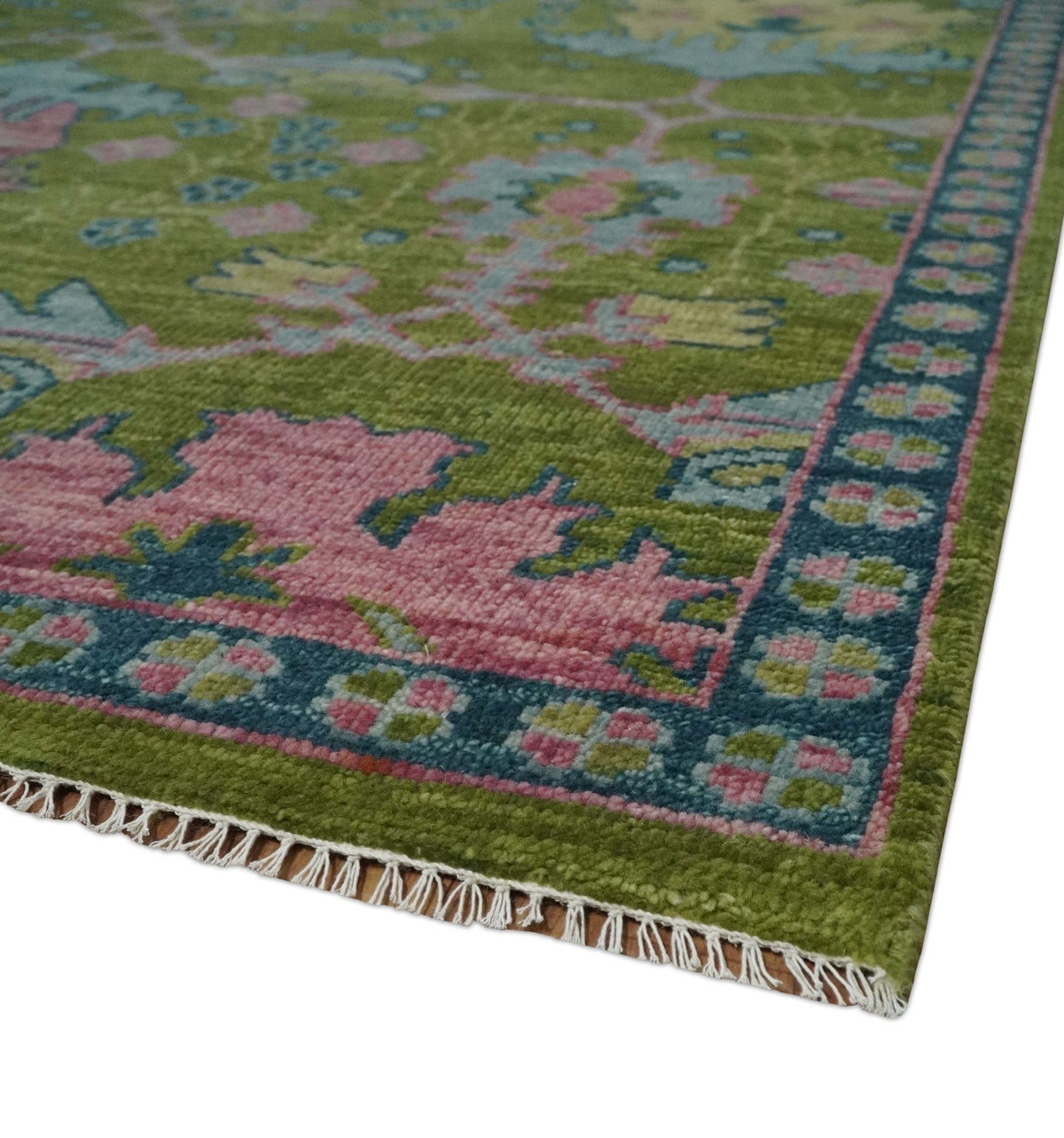 Moss Green, Blue and Peach Hand Knotted Vibrant colorful Donegal Design Multi Size Wool Area Rug.