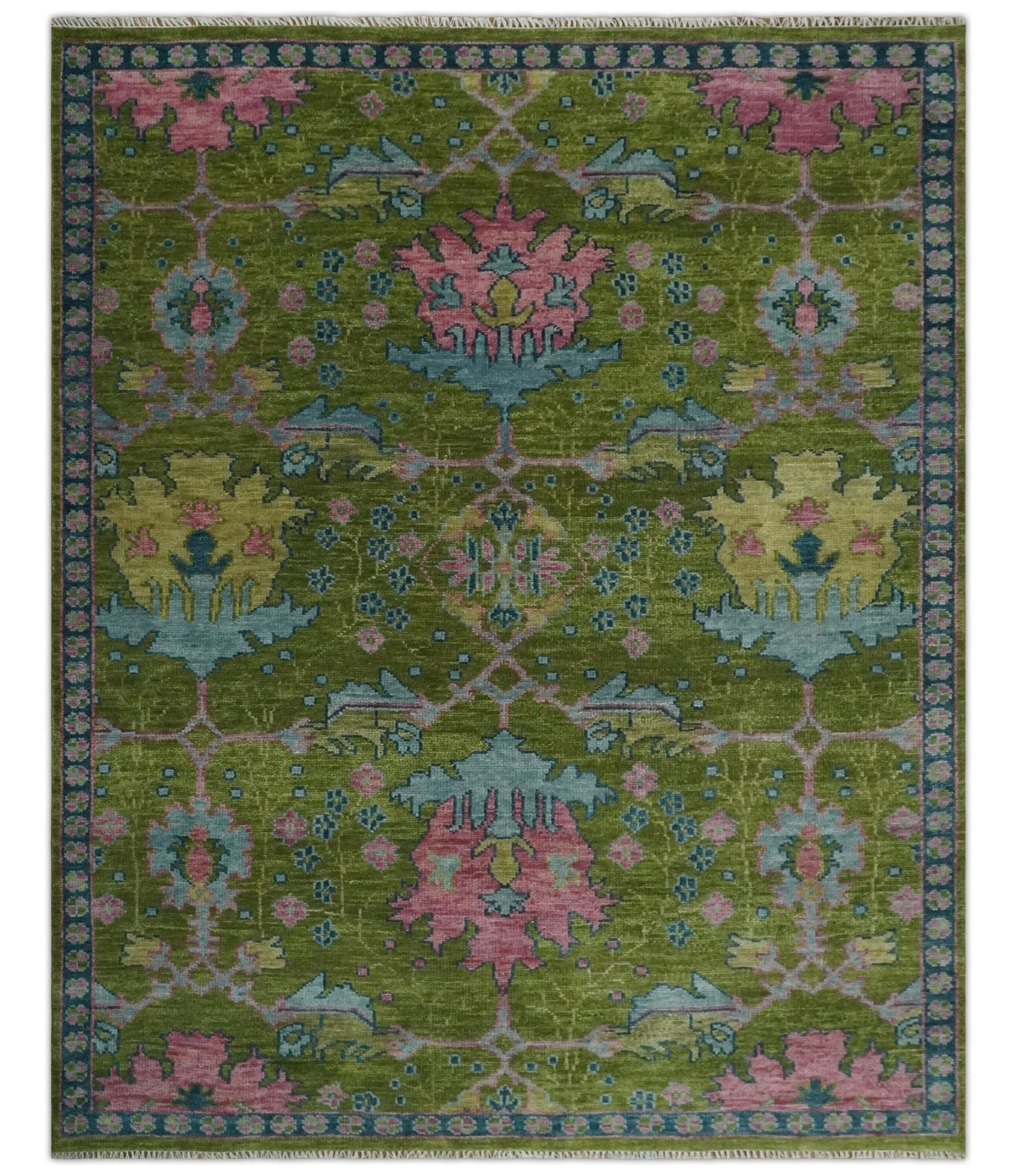 Moss Green, Blue and Peach Hand Knotted Vibrant colorful Donegal Design Multi Size Wool Area Rug.