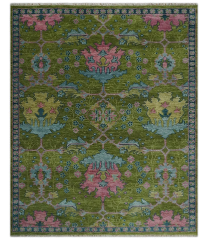 Moss Green, Blue and Peach Hand Knotted Vibrant colorful Donegal Design Multi Size Wool Area Rug.