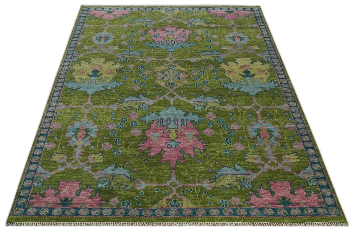 Moss Green, Blue and Peach Hand Knotted Vibrant colorful Donegal Design Multi Size Wool Area Rug.