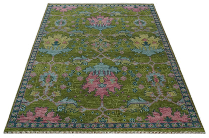 Moss Green, Blue and Peach Hand Knotted Vibrant colorful Donegal Design Multi Size Wool Area Rug.