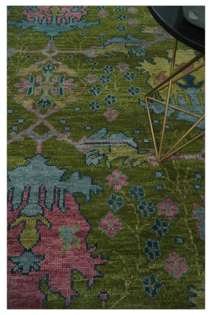 Moss Green, Blue and Peach Hand Knotted Vibrant colorful Donegal Design Multi Size Wool Area Rug.