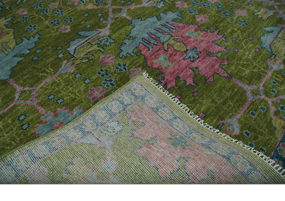 Moss Green, Blue and Peach Hand Knotted Vibrant colorful Donegal Design Multi Size Wool Area Rug.