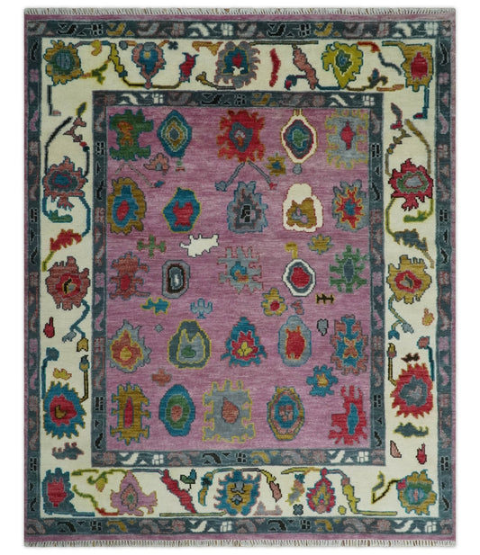 Custom Made Purple and Ivory Hand knotted Traditional Oushak wool Area Rug.