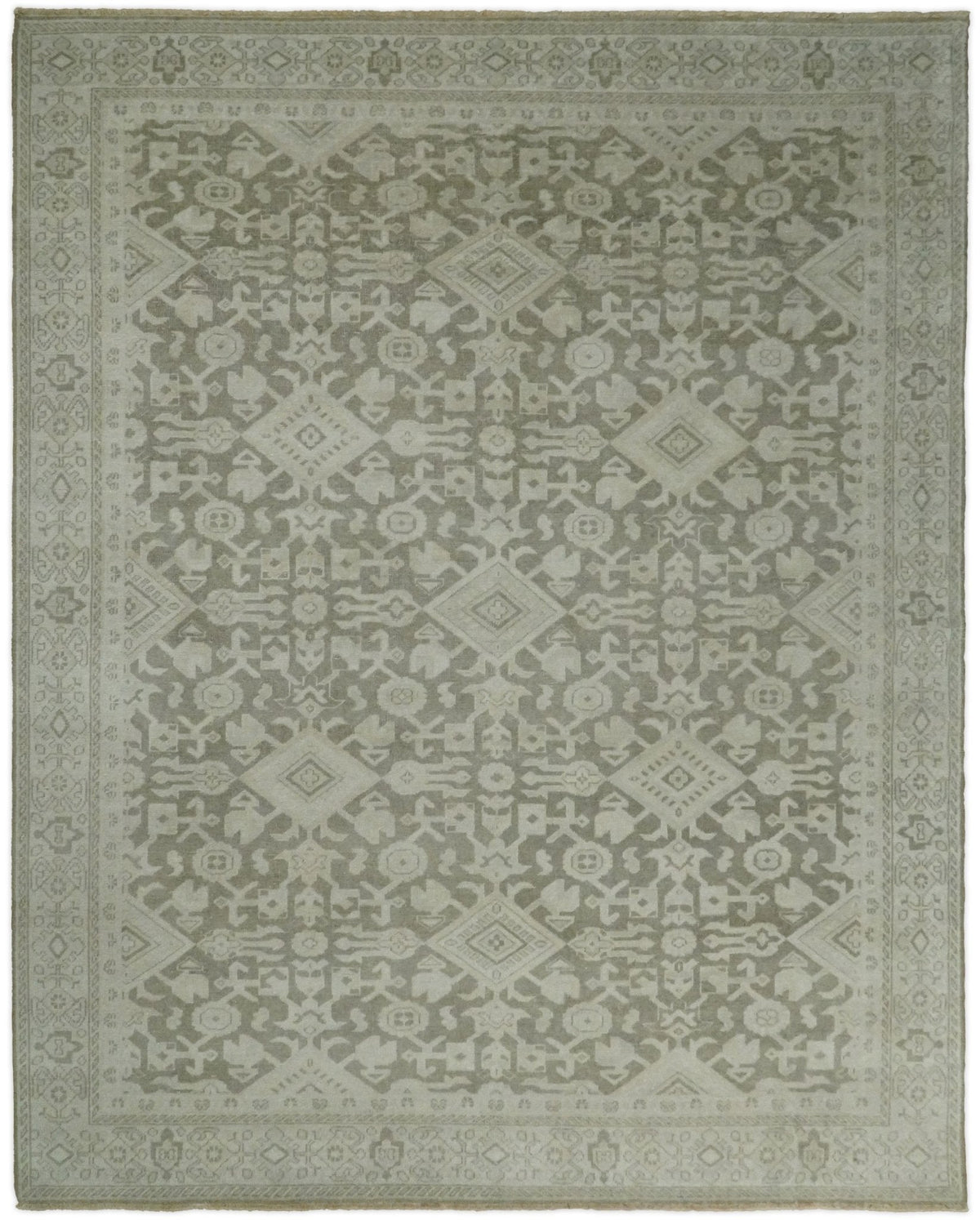 Brown and Beige Hand Knotted Wool Low Pile Vintage Area Rug.