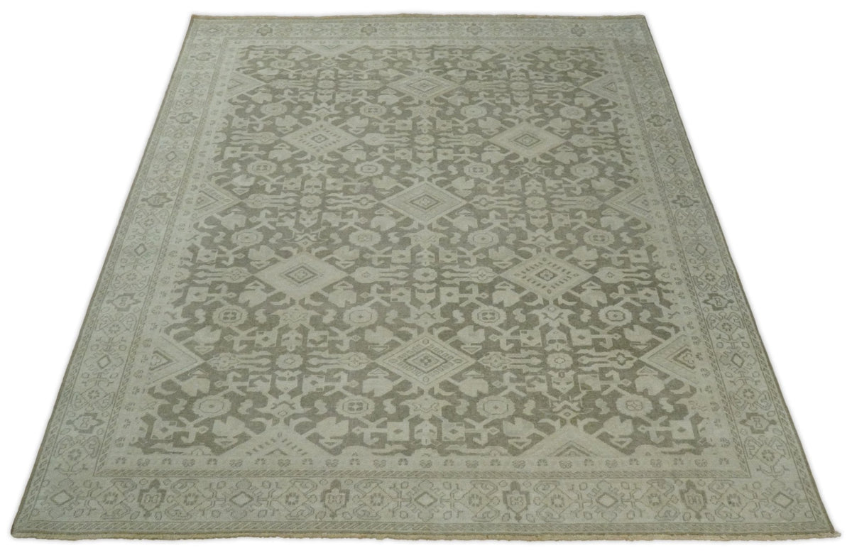 Brown and Beige Hand Knotted Wool Low Pile Vintage Area Rug.