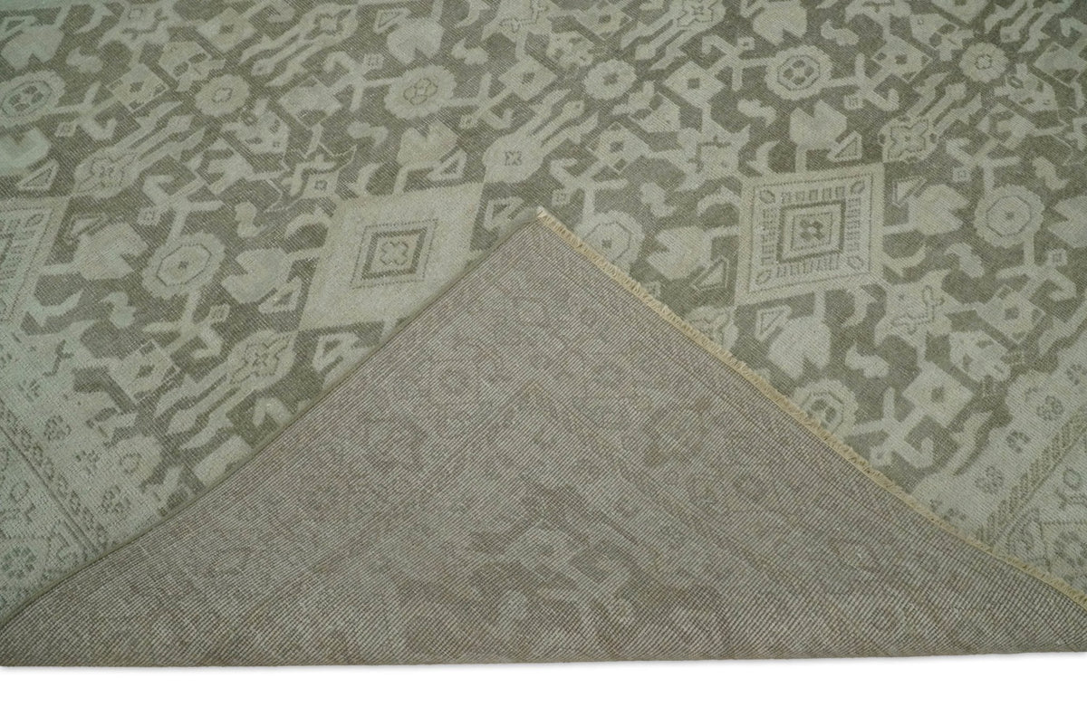 Brown and Beige Hand Knotted Wool Low Pile Vintage Area Rug.
