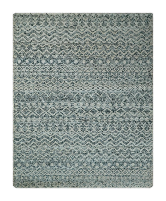 Hand Knotted Blue, Beige and Camel Modern Contemporary Southwestern Tribal Trellis Recycled Silk Area Rug.