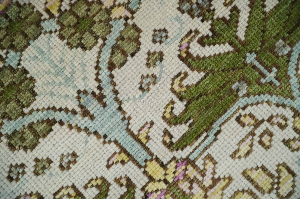 Custom Made Hand Knotted Ivory and Green Floral Traditional Style Wool Area Rug.