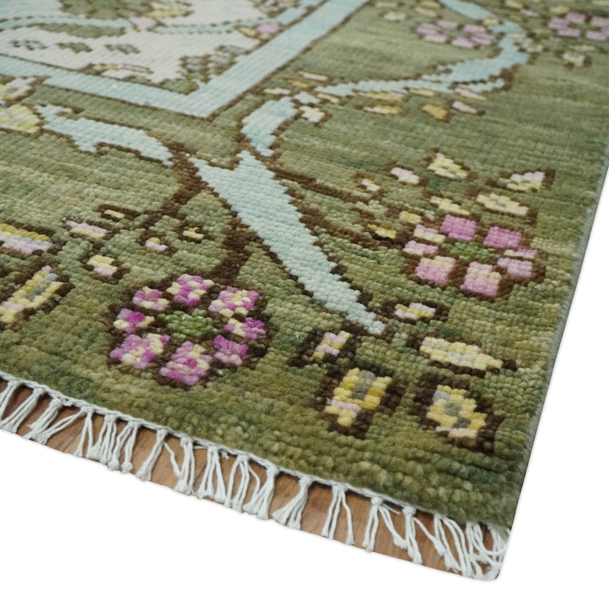 Custom Made Hand Knotted Ivory and Green Floral Traditional Style Wool Area Rug.