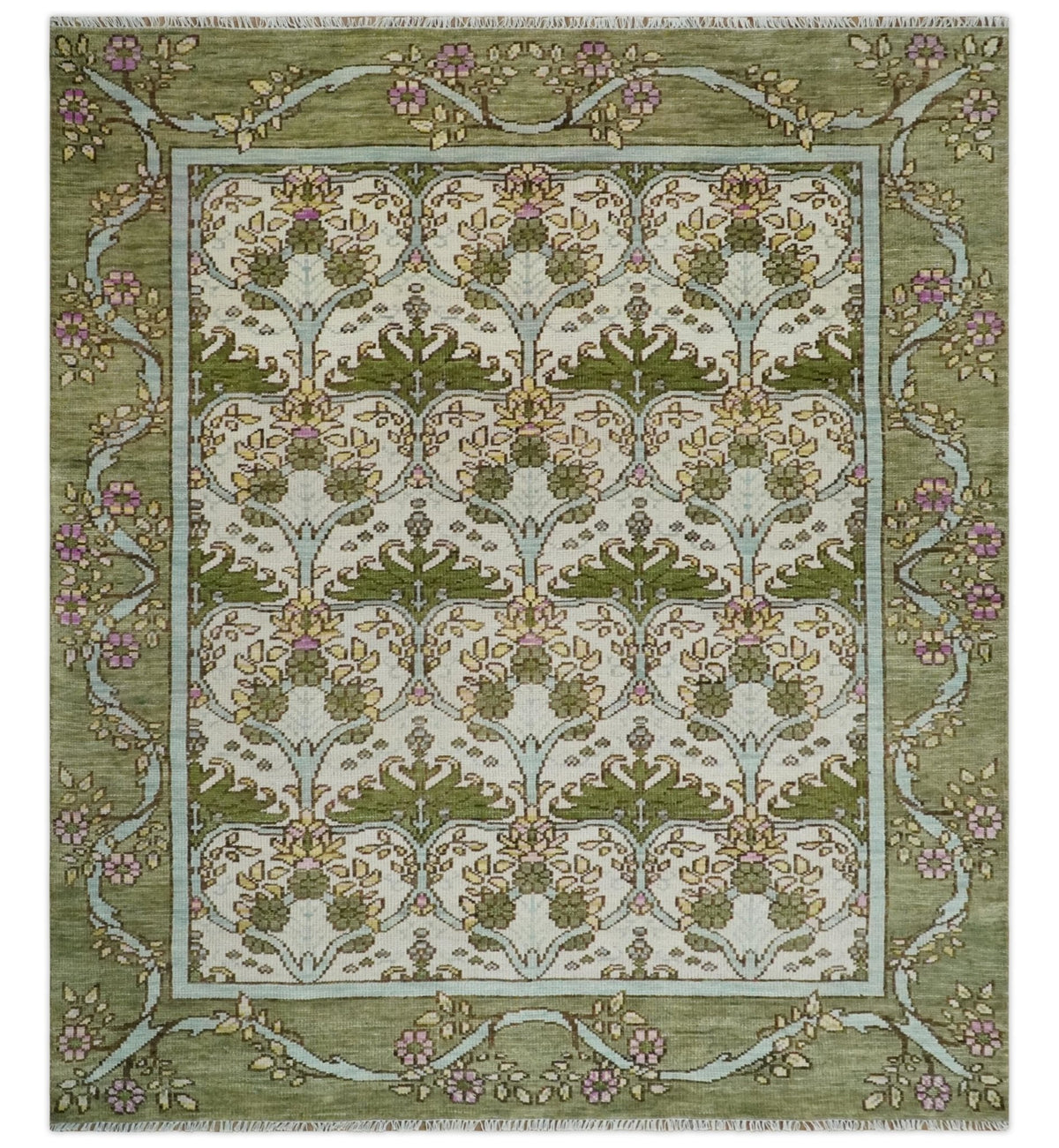 Custom Made Hand Knotted Ivory and Green Floral Traditional Style Wool Area Rug.