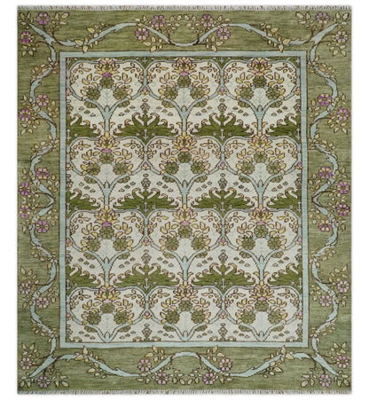 Custom Made Hand Knotted Ivory and Green Floral Traditional Style Wool Area Rug.