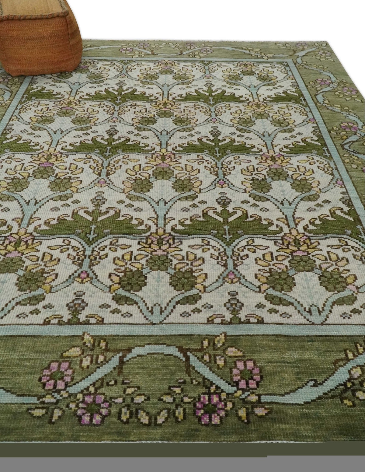 Custom Made Hand Knotted Ivory and Green Floral Traditional Style Wool Area Rug.