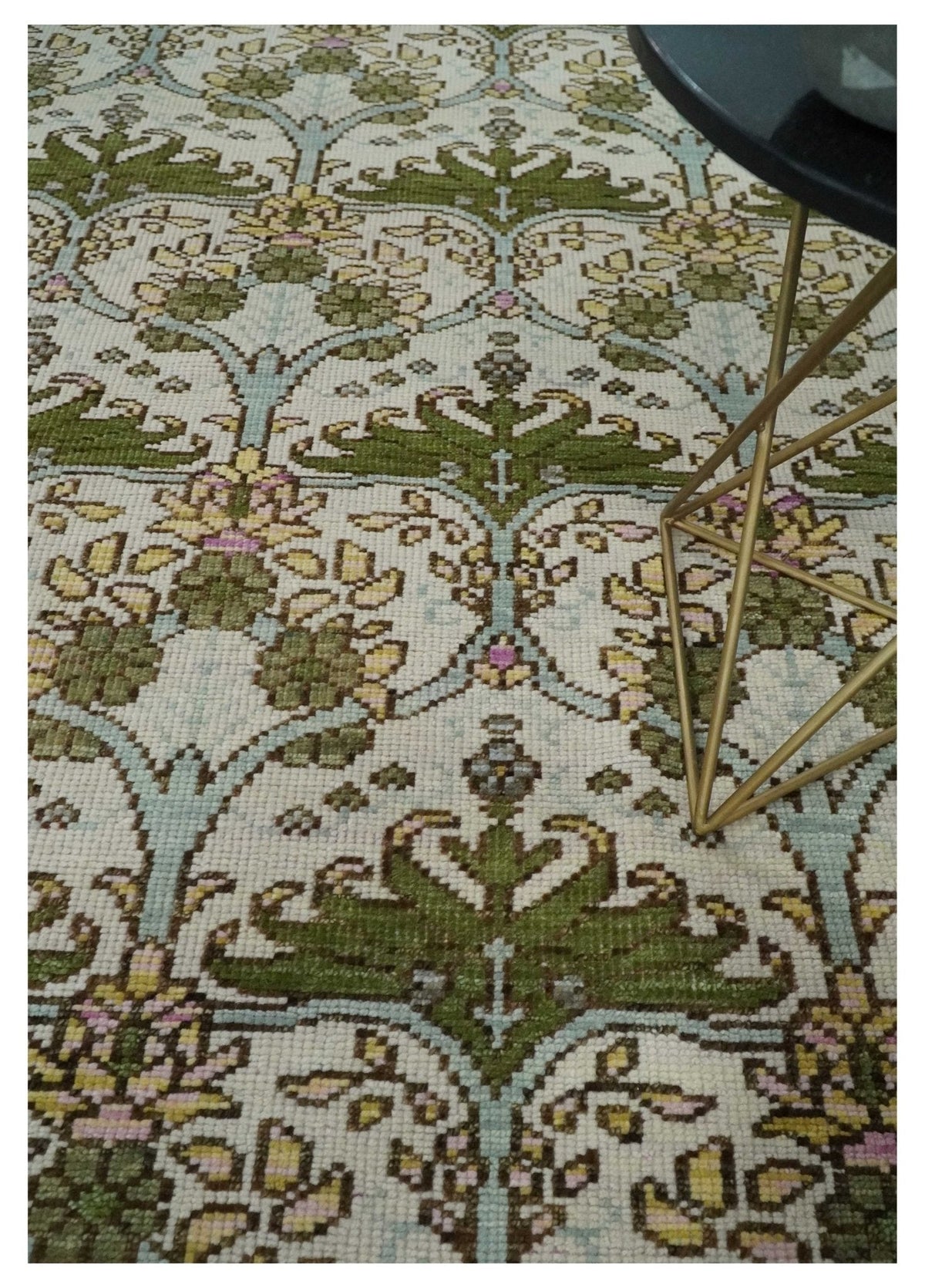 Custom Made Hand Knotted Ivory and Green Floral Traditional Style Wool Area Rug.