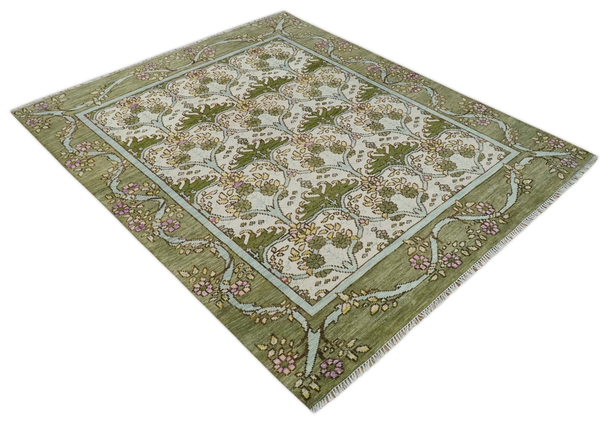 Custom Made Hand Knotted Ivory and Green Floral Traditional Style Wool Area Rug.