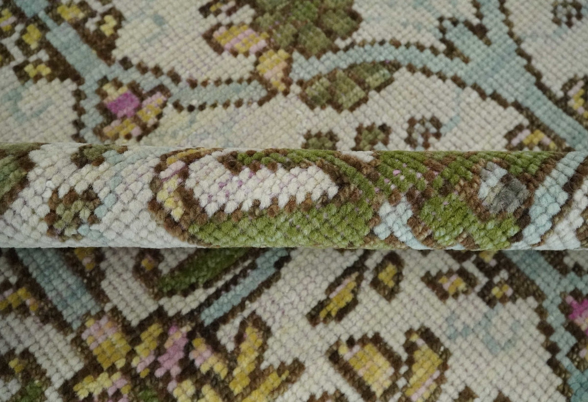 Custom Made Hand Knotted Ivory and Green Floral Traditional Style Wool Area Rug.