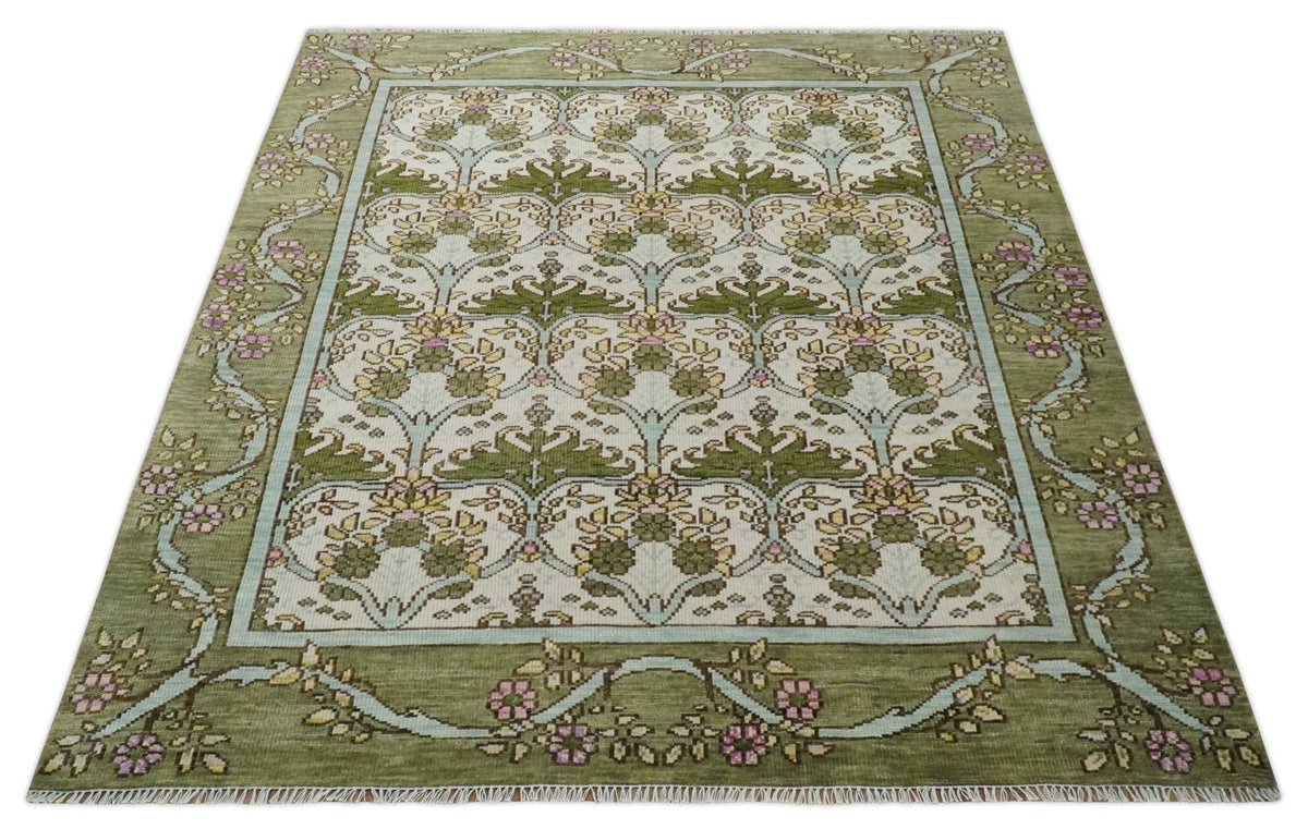 Custom Made Hand Knotted Ivory and Green Floral Traditional Style Wool Area Rug.
