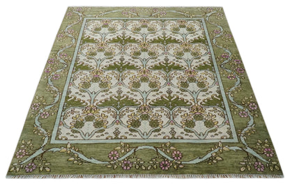 Custom Made Hand Knotted Ivory and Green Floral Traditional Style Wool Area Rug.