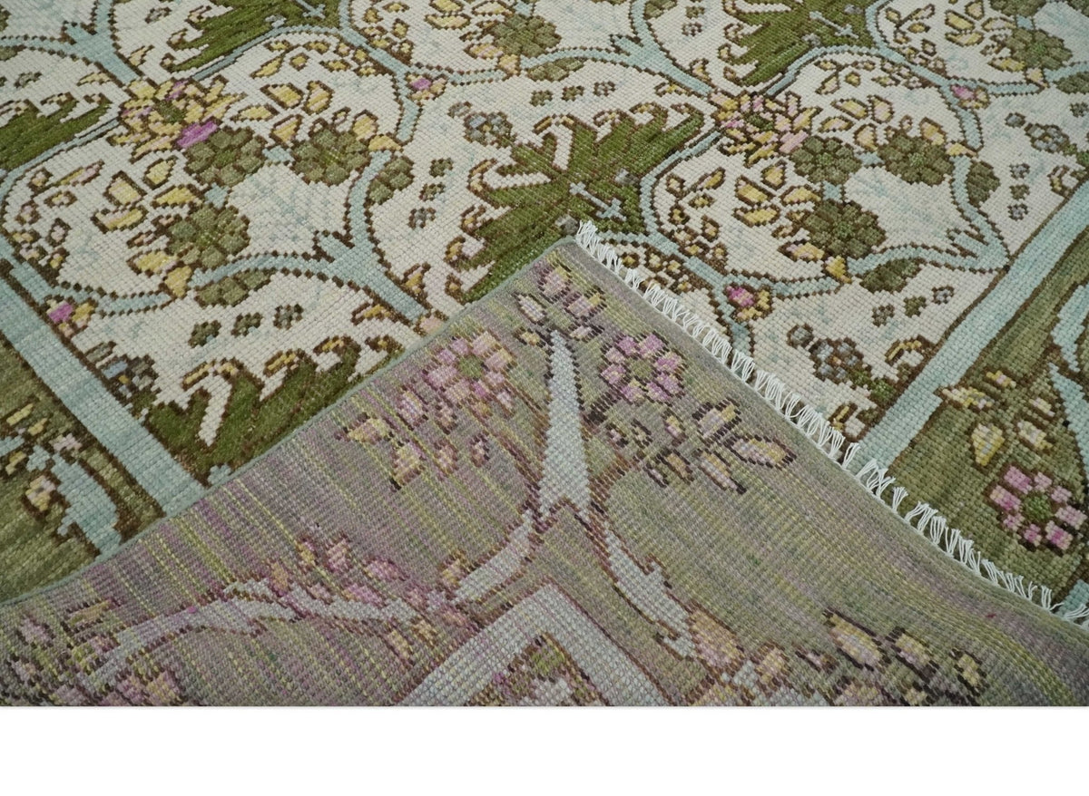 Custom Made Hand Knotted Ivory and Green Floral Traditional Style Wool Area Rug.