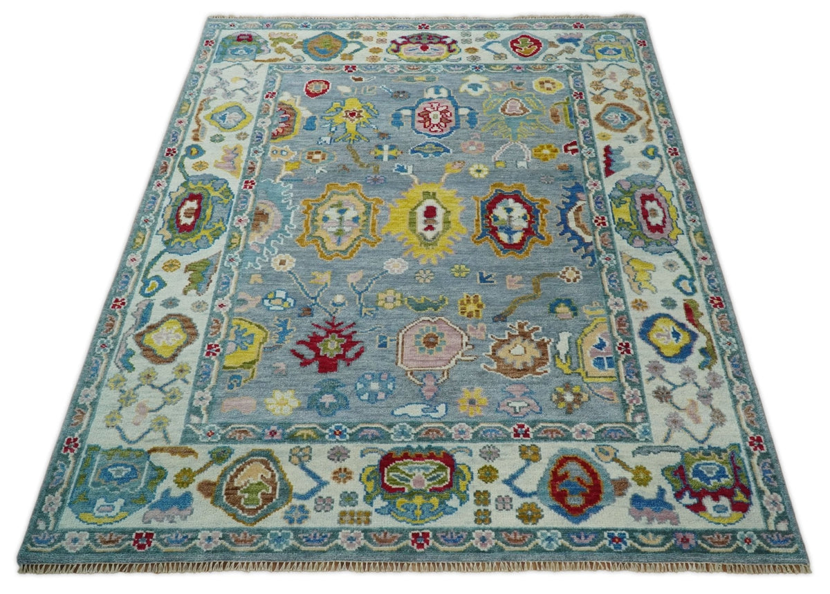Custom Made Blue and Ivory colorful Hand knotted Oushak wool Area Rug.