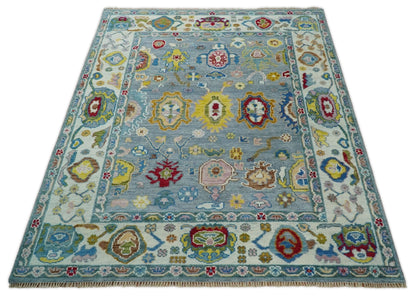 Custom Made Blue and Ivory colorful Hand knotted Oushak wool Area Rug.
