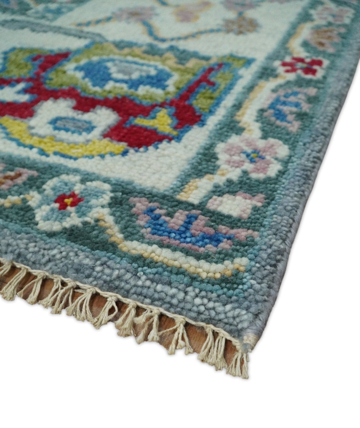 Custom Made Blue and Ivory colorful Hand knotted Oushak wool Area Rug.