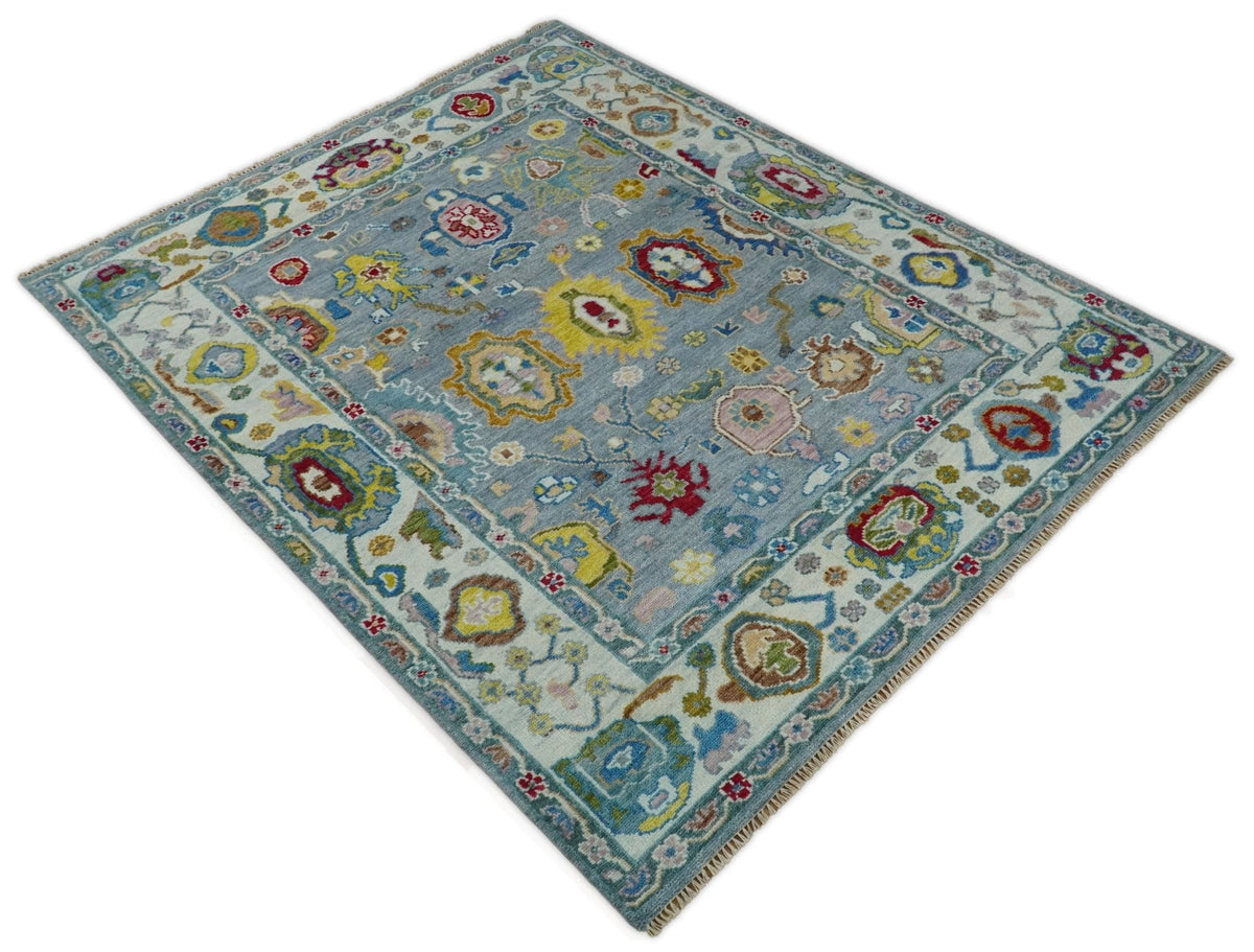 Custom Made Blue and Ivory colorful Hand knotted Oushak wool Area Rug.
