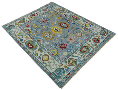 Custom Made Blue and Ivory colorful Hand knotted Oushak wool Area Rug.