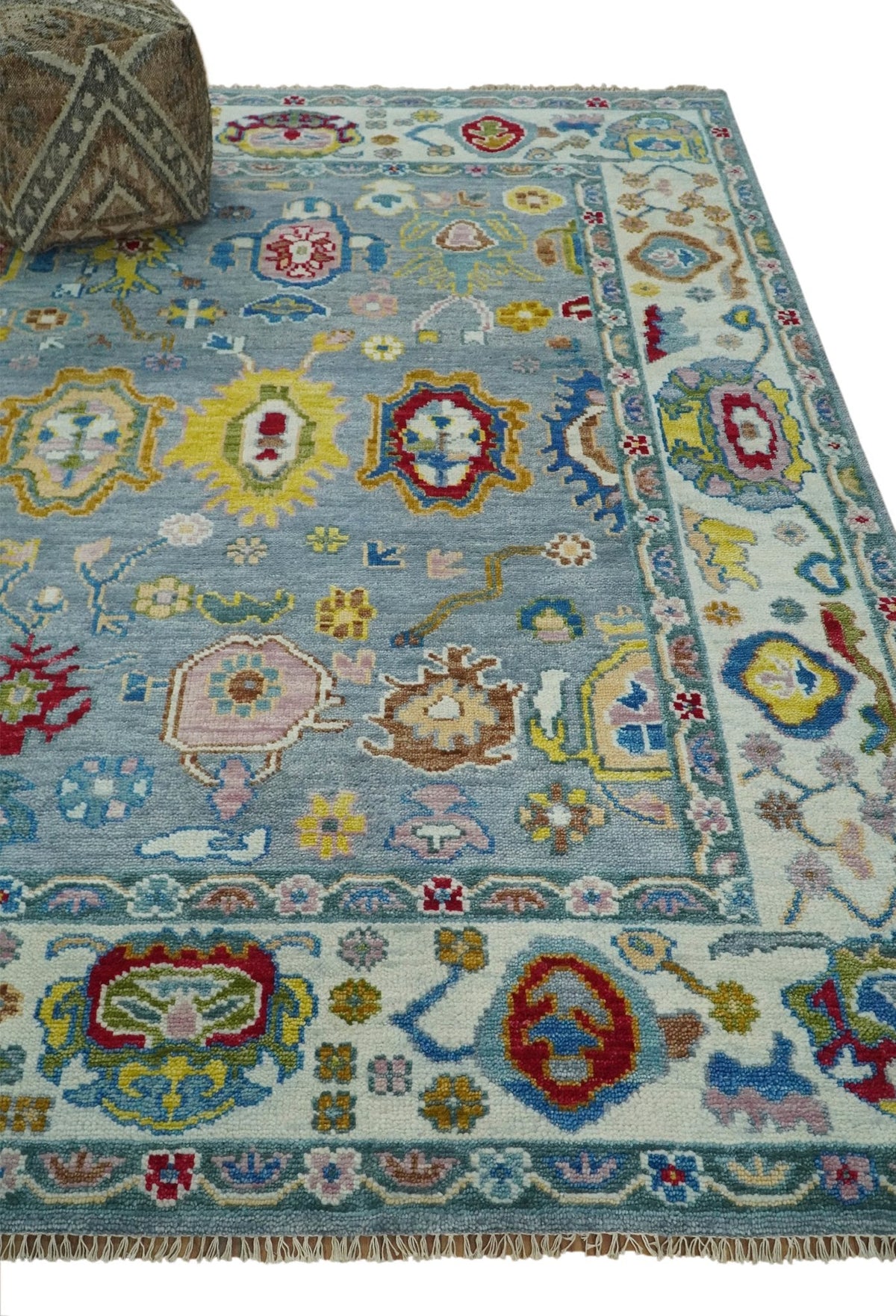 Custom Made Blue and Ivory colorful Hand knotted Oushak wool Area Rug.